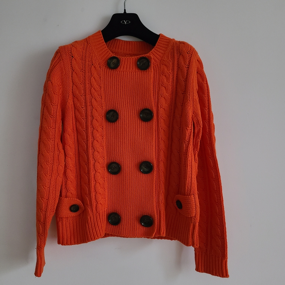 Orange Cable Knit Double Breasted Cotton Sweater Size Small